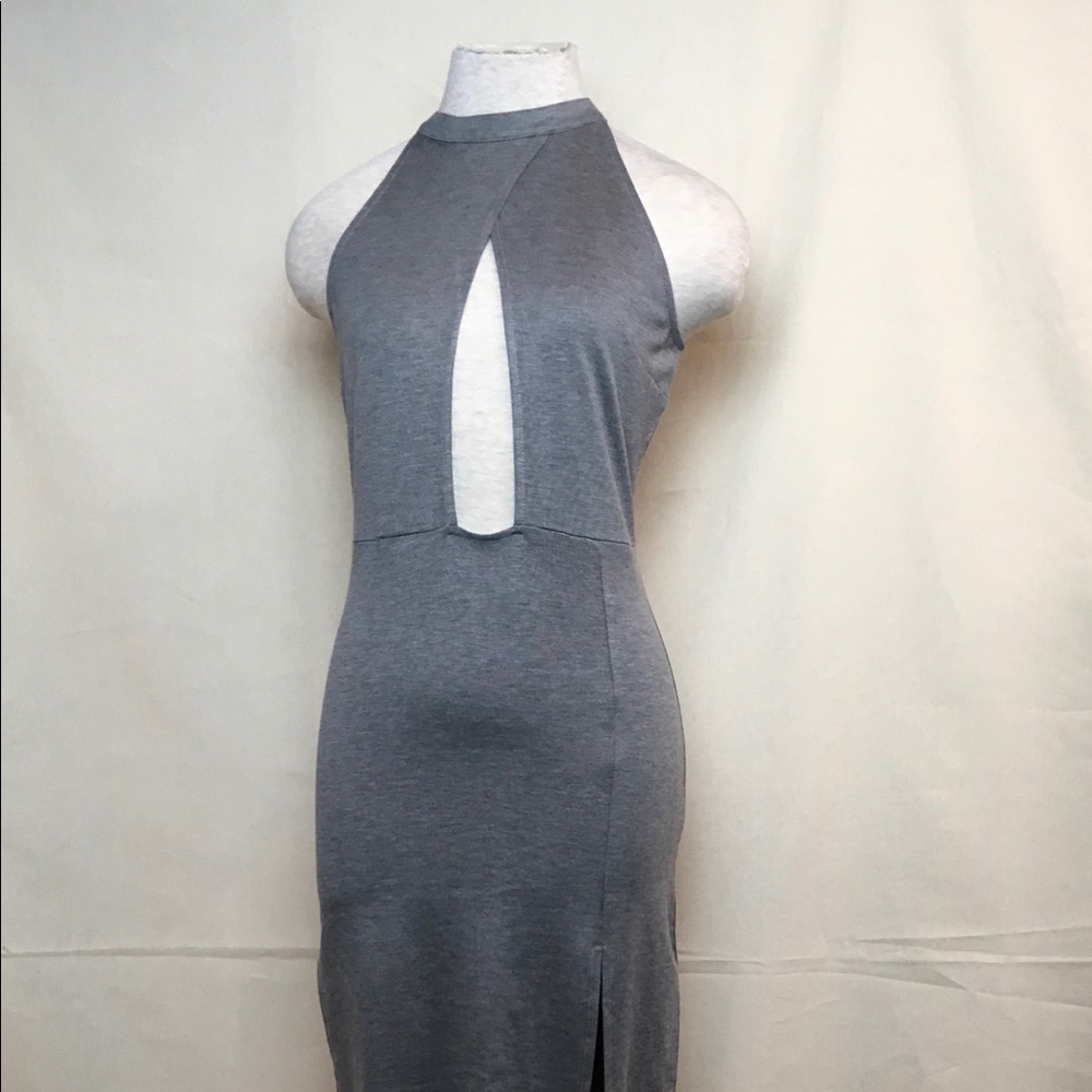 Grey dress with deep v Neckline size large fitted